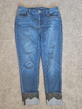 Chico's Blue Cropped Jeans with Lace Hem